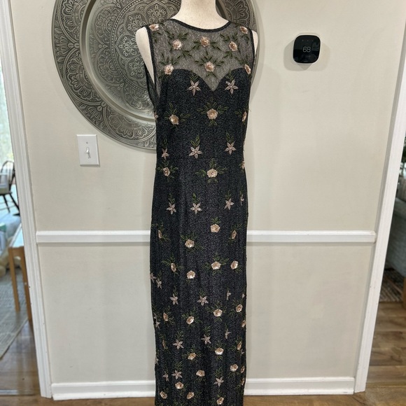 Anthropologie  BHLDN black shimmer sleeveless maxi with pink flowers - size 14 - Picture 2 of 12